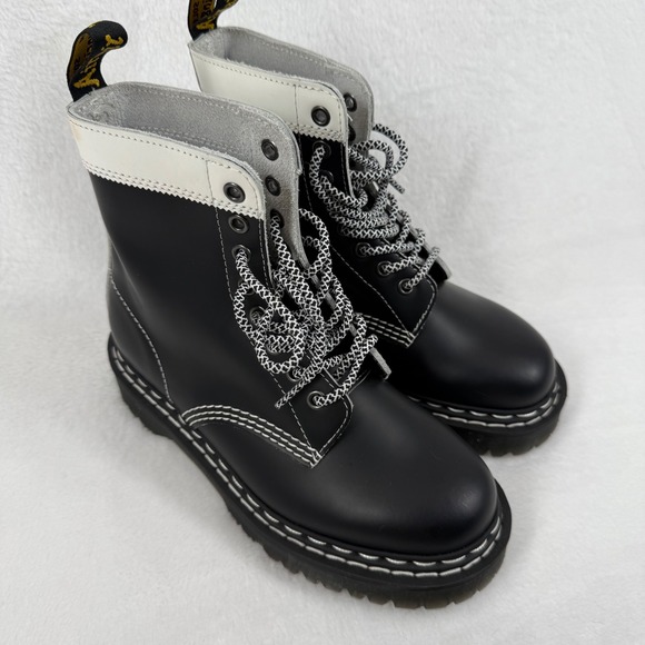 Dr. Martens Audrick Platform Ankle Boots Leather Black White Stitch Women's 7 - Picture 1 of 13
